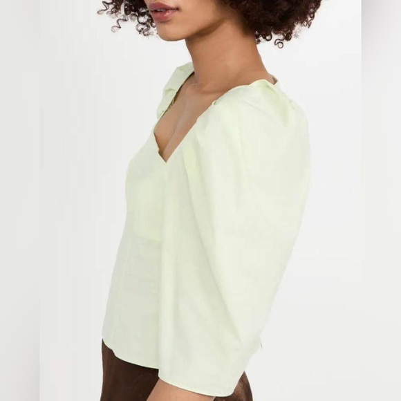 NWOT Vince Draped Square Neck Cotton Top with Puff Sleeves in Honeydew - Picture 3 of 14
